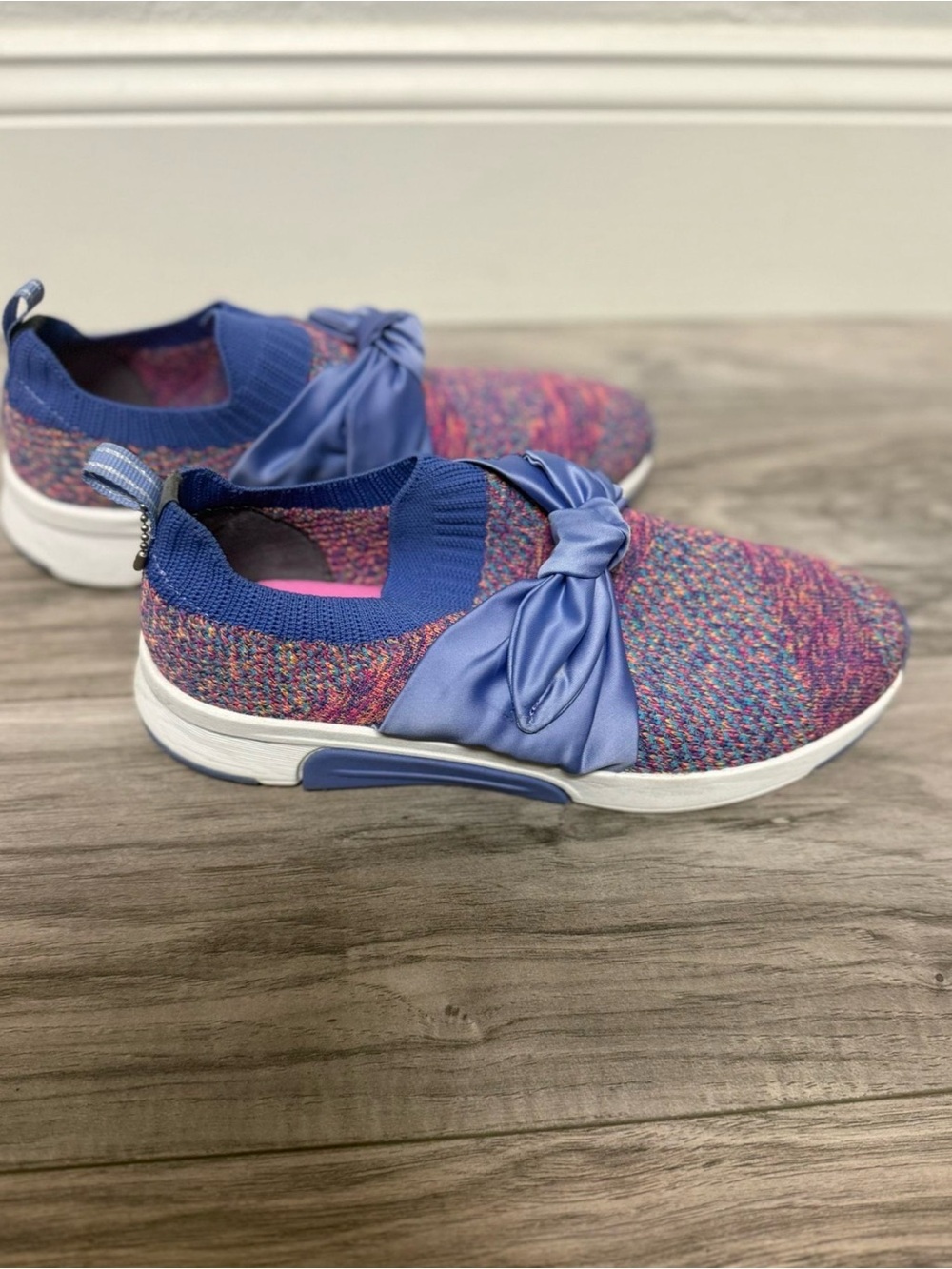 Skechers Multicolor Knit Slip-On Sneakers with Blue Satin Bow